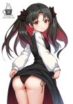  1girl aliter artist_name ass bangs black_dress black_hair black_panties blush closed_mouth collared_shirt commentary_request dress dress_lift eyebrows_visible_through_hair fate/grand_order fate_(series) hair_ornament highres ishtar_(fate/grand_order) lifted_by_self logo long_hair long_sleeves looking_at_viewer looking_back multicolored_hair neck_ribbon panties parted_bangs pinafore_dress puffy_long_sleeves puffy_sleeves red_eyes red_hair red_ribbon ribbon shirt side-tie_panties simple_background sleeveless sleeveless_dress sleeves_past_wrists smile solo space_ishtar_(fate) two-tone_hair two_side_up underwear white_background white_shirt 