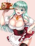  1girl akizuki_akina apron aqua_hair blue_eyes blush breasts brown_legwear cleavage commentary_request dirndl dress food german_clothes hair_ornament hairclip hand_on_hip holding holding_tray kantai_collection large_breasts long_hair looking_at_viewer neck_ribbon oktoberfest open_mouth ribbon simple_background skindentation smile solo suzuya_(kantai_collection) thighs tray 