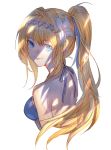  1girl bare_shoulders bikini blonde_hair blue_bikini blue_eyes eyebrows_visible_through_hair flower granblue_fantasy hair_between_eyes hair_flower hair_intakes hair_ornament hair_ribbon hikarusorano jeanne_d&#039;arc_(granblue_fantasy) looking_at_viewer looking_back ponytail ribbon shade simple_background smile solo swimsuit white_background white_flower 