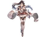  1girl bangs belt black_hair blue_eyes boots bow_(weapon) character_request dress full_body granblue_fantasy hand_up holding hood hood_down lips long_hair looking_at_viewer minaba_hideo official_art parted_lips ponytail quiver shiny shiny_hair short_dress sleeveless solo standing sword thigh_boots thighhighs tied_hair transparent_background turtleneck weapon 