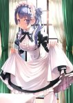  1girl bangs black_bow black_dress blue_eyes blue_hair bow curtains curtsey dress frills indoors juliet_sleeves long_hair long_sleeves maid maid_headdress original pantyhose puffy_sleeves rin2008 side_bun skirt_hold smile solo white_legwear window 