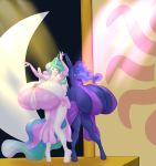  2019 5_fingers absurd_res anthro big_breasts blues64 breasts clothing duo equid equine eyes_closed female fingers friendship_is_magic hi_res horn huge_breasts hyper hyper_breasts mammal marauder6272 my_little_pony nipple_outline open_mouth princess_celestia_(mlp) princess_luna_(mlp) sibling sister sisters winged_unicorn wings 