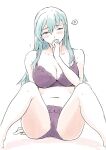  1girl aqua_eyes aqua_hair barefoot bra commentary feet_out_of_frame highres kantai_collection long_hair looking_to_the_side panties purple_bra purple_panties simple_background sitting solo suzuya_(kancolle) symbol-only_commentary underwear underwear_only vent_arbre white_background 