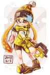  1girl absurdres bangs bike_shorts black_shorts blonde_hair blunt_bangs bobblehat commentary dated domino_mask flying_sweatdrops grey_eyes harutarou_(orion_3boshi) hero_shot_(splatoon_2) highres holding holding_weapon ink_tank_(splatoon) inkling jacket logo long_hair long_sleeves mask one_eye_closed paint_on_face paint_splatter pointy_ears shoes short_shorts shorts single_vertical_stripe sneakers solo splatoon_(series) splatoon_2 squidbeak_splatoon sweatdrop tentacle_hair weapon wince yellow_footwear yellow_headwear yellow_jacket 