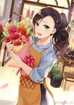  1girl :d apron artist_name black_hair blue_shirt bouquet chikabo_m day florist flower green_eyes hair_ornament hairclip holding holding_bouquet indoors looking_at_viewer open_mouth original plant potted_plant shirt smile solo standing 