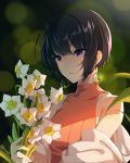  1girl bangs bare_shoulders black_hair blurry blurry_background bouquet collarbone curcumin day depth_of_field earrings eyebrows_visible_through_hair flower highres holding holding_bouquet idolmaster idolmaster_cinderella_girls jewelry long_sleeves outdoors parted_lips purple_eyes shirayuki_chiyo short_hair smile solo sunlight sweater_vest twitter_username upper_body white_flower 