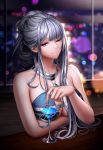  1girl absurdres ak-12_(girls_frontline) alternate_costume artist_name bangs bare_shoulders blue_dress blurry blurry_background breasts city_lights cleavage closed_mouth cocktail_dress cocktail_glass cup dress drinking_glass elbow_rest eyebrows_visible_through_hair girls_frontline glint halter_dress highres indoors jewelry long_hair looking_at_viewer medium_breasts necklace one_eye_closed purple_eyes revision sidelocks silver_hair sitting sleeveless smile solo torrentduck window 
