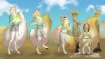  2019 ankh anthro arctic_fox barefoot blue_eyes bottomwear breast_growth breasts canid canine clothing cloud column day female fennec fox gender_transformation hi_res male mammal mtf_transformation outside pawpads scissorsrunner shorts shrinking shrubie solo standing surprise transformation 