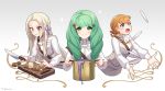  3girls amy30535 annette_fantine_dominic blonde_hair blue_eyes closed_mouth cooking cutting_board edelgard_von_hresvelg fire_emblem fire_emblem:_three_houses flayn_(fire_emblem) garreg_mach_monastery_uniform gradient gradient_background green_eyes green_hair hair_ornament hair_ribbon highres holding holding_knife knife long_hair long_sleeves multiple_girls open_mouth orange_hair plate pot purple_eyes ribbon simple_background smile twitter_username uniform upper_body 