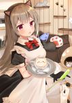  1girl :o animal animal_ears apron black_dress black_hairband blush bow bowtie breasts brown_hair cat cat_ears collared_dress commentary_request couch cup dress fake_animal_ears fang frilled_apron frills hairband highres holding holding_tray indoors katsushika_pachi long_hair looking_at_viewer maid maid_headdress original parted_lips puffy_short_sleeves puffy_sleeves purple_eyes red_neckwear saucer short_sleeves small_breasts solo spoon standing tray very_long_hair white_apron wooden_wall wrist_cuffs 