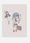  1tori 2girls alternate_costume beige_coat black_hair black_shorts blue_eyes blue_shirt brown_eyes coat dress glasses grey_background grey_dress grey_hair hairband kantai_collection kasumi_(kantai_collection) long_hair looking_at_map map_(object) multiple_girls ooyodo_(kantai_collection) shirt shorts side_ponytail standing suitcase two-tone_background white_background white_shirt 