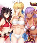  3girls ;p animal_ears artoria_pendragon_(all) artoria_pendragon_(lancer) artoria_pendragon_(swimsuit_ruler)_(fate) bangs bare_shoulders bb_(fate)_(all) bb_(swimsuit_mooncancer)_(fate) between_breasts bikini black_hair blonde_hair blue_ribbon blush blush_stickers braid breasts bunny_ears cleavage collarbone cowboy_shot crown_braid eyebrows_visible_through_hair fate/grand_order fate_(series) green_eyes grey_eyes hair_between_eyes hair_ribbon holding holding_sword holding_weapon horns ishtar_(fate/grand_order) katana large_breasts long_hair looking_at_viewer multicolored_hair multiple_girls navel okitakung one_eye_closed parted_bangs purple_eyes purple_hair red_bikini red_eyes red_hair ribbon sidelocks signature small_breasts smile space_ishtar_(fate) star strapless strapless_bikini sweatdrop swimsuit sword tan thighs tongue tongue_out two-tone_hair two_side_up v very_long_hair weapon white_bikini 