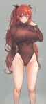  1girl absurdres ahoge arm_behind_back ass_visible_through_thighs azur_lane blush breasts brown_leotard brown_sweater closed_mouth eyebrows_visible_through_hair grey_background hair_tie hand_in_hair highres honolulu_(azur_lane) impossible_clothes large_breasts leotard long_hair long_sleeves looking_at_viewer red_eyes red_hair ribbed_sweater sidelocks simple_background solo standing sweater turtleneck_leotard twintails upper_body yusha_(m-gata) 