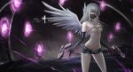  1girl angel_wings bare_shoulders belt black_gloves black_shorts blurry breasts choker cleavage collarbone commentary_request depth_of_field elbow_gloves face_mask feathered_wings gloves green_eyes grey_hair gun handgun highres long_hair looking_at_viewer mabinogi mabinogi_heroes magic mask medium_breasts navel open_fly pistol revealing_clothes short_shorts shorts solo standing thighs wangchuan_de_quanyan weapon wings 