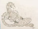  2019 4:3 4_toes 5_fingers anthro cheetah felid feline fingers fur hair hi_res kashmere king_cheetah male mammal nude sitting smile solo spots spotted_body spotted_fur toes traditional_media_(artwork) 