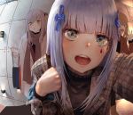  3girls bag commentary_request door eyebrows_visible_through_hair girls_frontline hanbenp highres hk416_(girls_frontline) korean_commentary multiple_girls open_mouth peephole scar scar_across_eye scarf shopping_bag siblings sisters twins ump45_(girls_frontline) ump9_(girls_frontline) waving 