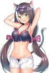  1girl :d :o ame_sagari animal_ear_fluff animal_ears armpits arms_behind_head arms_up bikini bikini_under_clothes black_bikini black_hair blush bow breasts cat_ears cat_girl cat_tail cleavage collarbone cowboy_shot eyewear_on_head fang frilled_bikini frills green_eyes hair_bow kyaru_(princess_connect) large_breasts long_hair looking_at_viewer low_twintails medium_breasts multicolored_hair navel open_clothes open_fly open_mouth open_shorts princess_connect! princess_connect!_re:dive purple-tinted_eyewear purple_bow red_bow short_shorts shorts simple_background smile solo standing stomach streaked_hair sunglasses swimsuit tail twintails very_long_hair white-framed_eyewear white_background white_hair white_shorts 