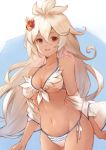  1girl bangs bare_shoulders bikini breasts cleavage collarbone commentary_request cowboy_shot dark_skin flower front-tie_bikini front-tie_top granblue_fantasy groin hair_between_eyes hair_flower hair_ornament halter_top halterneck highres koretsuki_azuma large_breasts long_hair looking_at_viewer navel off_shoulder open_clothes open_mouth open_shirt red_eyes red_flower silver_hair smile solo stomach swimsuit very_long_hair white_bikini zooey_(granblue_fantasy) 