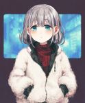  1girl bangs blue_eyes blush earrings eyebrows_visible_through_hair fur_coat grey_hair hands_in_pockets idolmaster idolmaster_shiny_colors jewelry long_sleeves looking_at_viewer red_sweater ribbed_sweater sasasasa serizawa_asahi short_hair solo sweater turtleneck upper_body zipper 