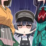  3girls arare_(kantai_collection) artist_name black_hair breast_envy brown_eyes commentary_request dress gloom_(expression) hat head_out_of_frame hiryuu_(kantai_collection) inaba_shiki kantai_collection long_hair long_sleeves multiple_girls pinafore_dress remodel_(kantai_collection) ryuuhou_(kantai_collection) shaded_face shirt short_hair taigei_(kantai_collection) triangle_mouth white_shirt 