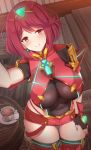  1girl armor bangs blush breasts chair covered_navel cup eyebrows_visible_through_hair fingerless_gloves gem gloves glowing hair_ornament headpiece homura_(xenoblade_2) indoors jewelry large_breasts noeomi pantyhose pose red_eyes red_hair red_shorts short_shorts shorts shoulder_armor skindentation smile solo spoon swept_bangs table tea tiara xenoblade_(series) xenoblade_2 