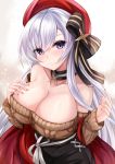  1girl absurdres aran_sweater azur_lane bare_shoulders belfast_(azur_lane) belfast_(shopping_with_the_head_maid)_(azur_lane) beret black_skirt breasts choker cleavage collarbone gradient gradient_background hair_ribbon hand_on_own_chest hands_up hat high-waist_skirt highres large_breasts long_hair long_sleeves looking_at_viewer off-shoulder_sweater off_shoulder pencil_skirt purple_eyes red_headwear ribbed_sweater ribbon ryara_vivi shawl silver_hair skirt smile solo striped striped_ribbon sweater upper_body white_background 