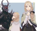  1boy 1girl armor black_armor blonde_hair blue_background bow closed_mouth death_knight_(fire_emblem) fire_emblem fire_emblem:_three_houses garreg_mach_monastery_uniform hair_bow long_hair long_sleeves low_ponytail masakikazuyoshi mercedes_von_martritz open_mouth simple_background smile uniform 