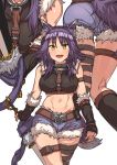  1girl aki_makoto animal_ear_fluff animal_ears arm_strap bangs bare_shoulders blush breasts erere fur-trimmed_shorts long_hair looking_at_viewer navel open_mouth princess_connect! princess_connect!_re:dive purple_hair short_hair simple_background smile tail white_background wolf_ears wolf_girl wolf_tail 