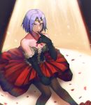  1boy apple_brk biting black_dress black_gloves black_legwear blue_hair blush circlet crossdressing dress elbow_gloves feet_out_of_frame finger_biting frills gloves green_eyes kojirou_(pokemon) male_focus pantyhose petals pokemon pokemon_(anime) red_dress short_hair sitting solo spotlight two-tone_dress 