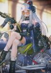  1girl ankle_boots assault_rifle bangs beret black_legwear blurry blurry_background blush boots breasts choker crossed_legs dress dual_wielding feet_out_of_frame german_flag gloves green_eyes grenade_launcher gun h&amp;k_hk416 hanato_(seonoaiko) hat headgear heart heart-shaped_eyewear heckler_&amp;_koch highres hk416_(girls_frontline) holding jacket long_hair looking_at_viewer magazine_(weapon) mod3_(girls_frontline) name_tag on_motorcycle open_clothes open_jacket parted_lips pleated_skirt purple_dress rifle shoes sidelocks silver_hair sitting skirt snap-fit_buckle solo sunglasses thigh_strap tinted_eyewear trigger_discipline twitter_username weapon white_dress white_gloves 