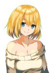  1girl absurdres alice_margatroid alternate_costume bangs bare_shoulders beige_sweater blonde_hair blue_eyes breasts cleavage collarbone commentary_request eyebrows_visible_through_hair hair_between_eyes highres kogane_ringo long_sleeves looking_at_viewer medium_breasts off-shoulder_sweater off_shoulder short_hair simple_background smile solo sweater touhou upper_body white_background 