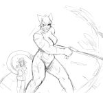  2019 anthro antlers biped bodily_fluids breasts cat_knight cervid clothing cup deer_prince digital_media_(artwork) felid feline female hi_res hladilnik horn jug mammal melee_weapon muscular nipples nude polearm pussy scar simple_background sketch standing sweat weapon 