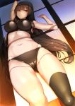  1girl black_bra black_hair black_legwear black_panties blush bra breasts closed_mouth hair_ribbon highres impossible_clothes isokaze_(kantai_collection) kantai_collection large_breasts long_hair looking_at_viewer lying navel on_back panties red_eyes ribbon single_thighhigh smile solo thighhighs tress_ribbon underwear yuusakura_kyouta 