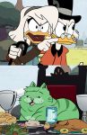  anatid angry anseriform avian bird clothing della_duck disney domestic_cat duck ducktales ducktales_(2017) eyewear felid feline felis female food glasses hat headgear headwear hi_res louie_duck male mammal meme pixelkitties scrooge_mcduck smug 