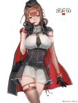  1girl alternate_costume bangs black_gloves black_neckwear blunt_bangs braid breasts brown_eyes brown_hair brown_legwear cape character_name corset dated dsr-50_(girls_frontline) finger_to_mouth french_braid garrison_cap girls_frontline gloves hair_ornament hat highres large_breasts long_hair miniskirt pouch single_thighhigh skirt solo thigh_strap thighhighs twitter_username very_long_hair white_background white_skirt xia_oekaki 