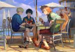  4boys animal arm_rest bakugou_katsuki bird black_hair blonde_hair boku_no_hero_academia card chair closed_mouth cup d: day drink drinking_glass full_body green_hair grin holding holding_card jacket kaminari_denki kirishima_eijirou long_sleeves looking_at_another male_focus midoriya_izuku multicolored_hair multiple_boys open_mouth outdoors playing_card print_shirt red_hair sandals shirt shoes short_hair short_sleeves shorts sitting smile socks spiked_hair summer table taro-k two-tone_hair watch wristband wristwatch 