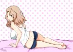  1girl artist_name ass banareona barefoot bed blonde_hair blue_eyes blush breasts butt_crack closed_mouth eyebrows_visible_through_hair full_body girls_und_panzer kay_(girls_und_panzer) large_breasts looking_at_viewer looking_back lying medium_hair on_bed on_side polka_dot polka_dot_background shiny shiny_hair short_shorts shorts shoulder_blades simple_background smile solo tank_top white_tank_top 