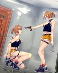  2girls absurdres arms_behind_back at_gunpoint bangs bare_legs blue_footwear bound breasts chain chained collar commentary_request cuffs dagger door eyebrows_visible_through_hair full_body girls_frontline glasses grizzly_mkv grizzly_mkv_(girls_frontline) gun hair_ornament hair_scrunchie handcuffs highres holding holding_gun holding_weapon indoors injury lock medium_breasts multiple_girls nail_polish navel one_knee padlock parted_bangs peril purple_eyes red-framed_eyewear reflection scrunchie short_hair short_ponytail short_shorts shorts skindentation standing tank_top thigh_strap tied_up v-shaped_eyebrows weapon yellow_nails yellow_shorts 