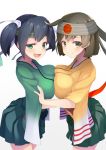  2girls blue_hair breast_press breasts brown_eyes brown_hair commentary_request cowboy_shot green_eyes green_hakama green_kimono hair_ribbon hakama hakama_skirt headband hiryuu_(kantai_collection) japanese_clothes kantai_collection kimono large_breasts looking_at_viewer mofu_namako multiple_girls orange_kimono ribbon short_hair simple_background souryuu_(kantai_collection) symmetrical_docking twintails white_background 