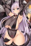  1girl armpits arms_behind_head azur_lane black_gloves blue_eyes bow bowtie breasts cameltoe cleavage covered_navel cowboy_shot demon_tail elbow_gloves gloves gneisenau_(azur_lane) gneisenau_(nightmarish_succubus)_(azur_lane) groin highleg highleg_leotard highres horns huge_breasts kanachirou leotard long_hair looking_at_viewer pubic_tattoo purple_hair pussy see-through skeleton skindentation solo tail tattoo thick_thighs thighhighs thighs twitter_username underboob_cutout very_long_hair white_neckwear 