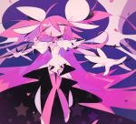  1girl abstract absurdly_long_hair dress expressionless eyebrows_visible_through_hair floating full_body gloves hair_between_eyes hair_ribbon kaname_madoka knees_together_feet_apart long_dress long_hair looking_away mahou_shoujo_madoka_magica no_mouth outstretched_arms pink_legwear purple_background ribbon shiny shiny_hair simple_background solo star starry_background suzuka_g thigh_gap thighhighs two_side_up ultimate_madoka very_long_hair white_dress white_footwear white_gloves white_ribbon wide_sleeves wings yellow_eyes zettai_ryouiki 