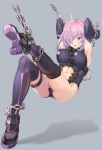  1girl armored_leotard armpits arms_behind_head black_legwear black_leotard breasts chain elbow_gloves fate/grand_order fate_(series) gloves highres large_breasts leotard looking_at_viewer mash_kyrielight navel navel_cutout pink_hair purple_eyes restrained short_hair solo sumisu_(mondo) sweat thigh_strap thighhighs 