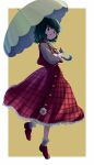  1girl ascot backlighting blush bobby_socks flower_button frilled_skirt frills full_body green_hair highres holding holding_umbrella kazami_yuuka long_skirt long_sleeves looking_at_viewer oota_jun&#039;ya_(style) open_clothes open_mouth open_vest plaid plaid_skirt plaid_vest red_eyes red_footwear red_skirt red_vest reflective_eyes shirt short_hair skirt skirt_set smile socks solo street_dog tan_background touhou two-tone_background umbrella vest wavy_hair white_background white_legwear white_shirt yellow_neckwear 