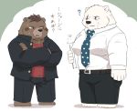  00makumakuma00 2019 anthro black_bottomwear black_clothing black_jacket black_pants blush bottomwear brown_body brown_fur brown_hair clothing crushfang_(sdorica_sunset) dagger_(sdorica_sunset) duo fur grey_eyes hair humanoid_hands japanese_text male mammal necktie pants polar_bear red_clothing red_shirt red_topwear scar sdorica_sunset shirt slightly_chubby text topwear ursid ursine white_body white_clothing white_fur white_shirt white_topwear yellow_eyes 