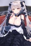  1girl azur_lane bare_shoulders between_breasts black_dress bow breasts checkered checkered_floor cleavage detached_collar dress earrings formidable_(azur_lane) frilled_dress frills hair_bow hand_up highres indoors jewelry large_breasts long_dress long_hair long_sleeves looking_at_viewer mat on_floor red_eyes reflective_floor sidelocks silver_hair sitting solo twintails very_long_hair xenonstriker 