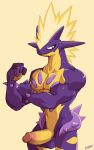  2019 anthro anthrofied balls digital_media_(artwork) electricity erection front_view hi_res humanoid_penis looking_at_viewer male muscular muscular_male nintendo nude pecs penis pok&eacute;mon pok&eacute;mon_(species) pok&eacute;morph simple_background sitting solo toxtricity video_games voviat yellow_background 