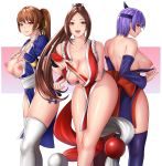  3girls areolae ayane_(doa) bangs bare_shoulders breasts brown_eyes brown_hair choker closed_mouth collarbone commentary_request dead_or_alive eyebrows_visible_through_hair fan fatal_fury fingernails hands_on_own_chest headband highres holding japanese_clothes kasumi_(doa) large_breasts lips looking_at_viewer looking_back multiple_girls ninja nipples nyatokanyaru open_mouth parted_bangs pelvic_curtain ponytail purple_hair purple_legwear red_eyes serious shiny shiny_clothes shiny_hair shiny_skin shiranui_mai short_sleeves simple_background smile take_your_pick thighhighs tied_hair white_background white_legwear 