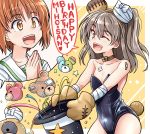  2girls :d ;d animal_ears bandages bandaid bear_ears bear_tail black_headwear black_leotard boko_(girls_und_panzer) brown_choker brown_eyes brown_gloves brown_hair choker commentary confetti covered_navel cross english_text eyebrows_visible_through_hair fake_animal_ears girls_und_panzer gloves hands_together happy_birthday hat highres holding holding_hat inset kitayama_miuki leotard light_brown_eyes light_brown_hair long_hair multiple_girls nishizumi_miho one_eye_closed one_side_up open_mouth paw_gloves paws shimada_arisu short_hair smile star strapless strapless_leotard streamers stuffed_animal stuffed_toy tail teddy_bear top_hat 