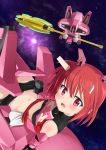  1girl alice_gear_aegis black_gloves commentary_request elbow_gloves gloves highres himukai_rin kohshibasaki looking_at_viewer mace mecha_musume mechanical_horns midriff navel open_mouth pink_eyes polearm red_hair short_hair solo space star_(sky) weapon 