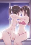  2girls arms_around_neck bangs bow bra breasts brown_eyes brown_hair cleavage commentary_request eye_contact eyebrows_visible_through_hair hair_bow highres kamakama_(kdmorh_kamakama) long_hair looking_at_another medium_breasts meteor multiple_girls navel night night_sky original panties pink_bow pink_bra pink_panties ponytail sitting sky star_(sky) underwear underwear_only white_bow white_bra white_panties window yuri 